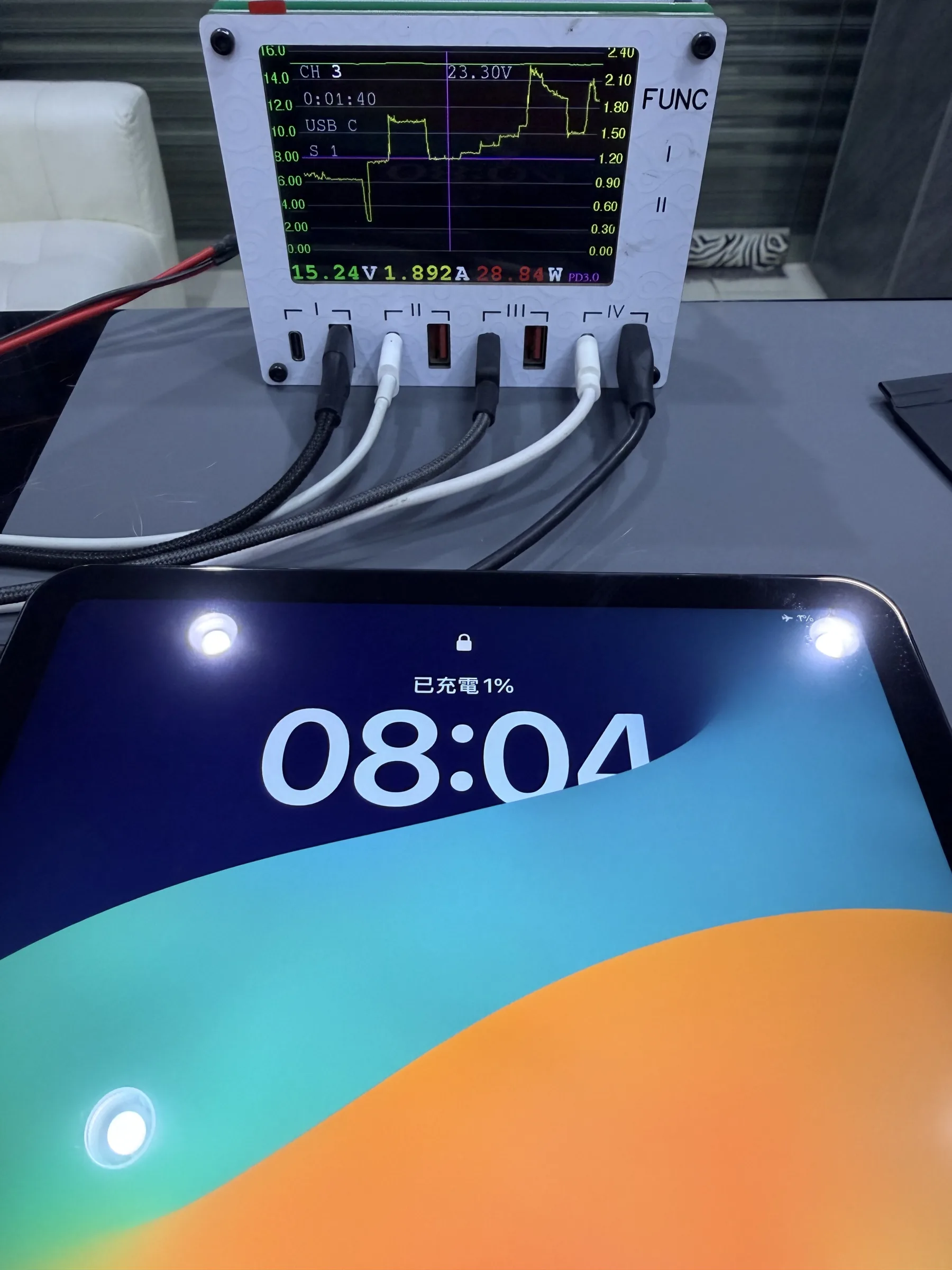 iPad Air 6 修復後顯示充電中,測試儀讀值為 15.24V、1.892A、28.84W